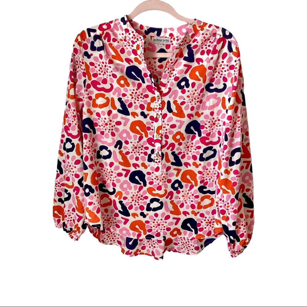 Buckhead Betties Blouse Long Sleeve Colorful Red Preppy Animal Print Medium